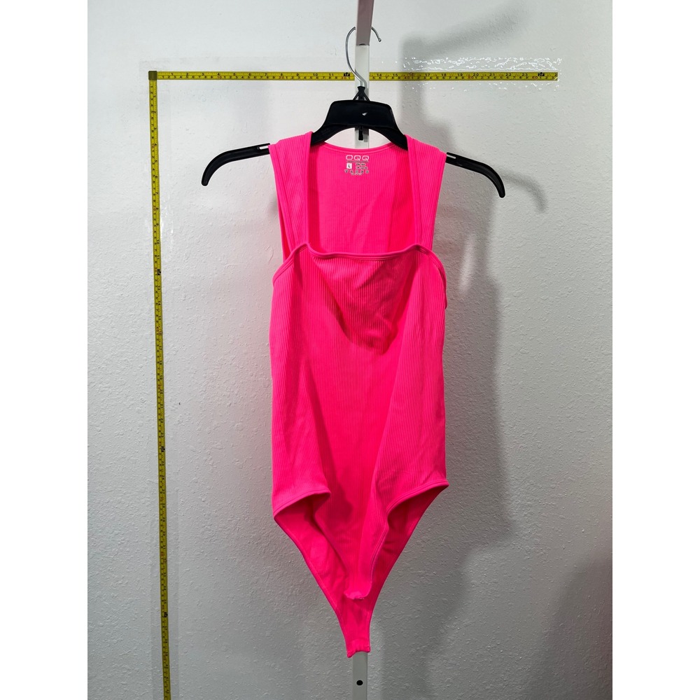 OQQ Neon Pink Ribbed Square Neck Bodysuit Tank Top Large Vibrant Summer Festival